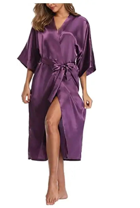 Plus Size Rayon Bathrobe Women’s Kimono Satin Long Robe Sexy Lingerie Classic Nightgown Sleepwear with Belt - Urban Heaven Co