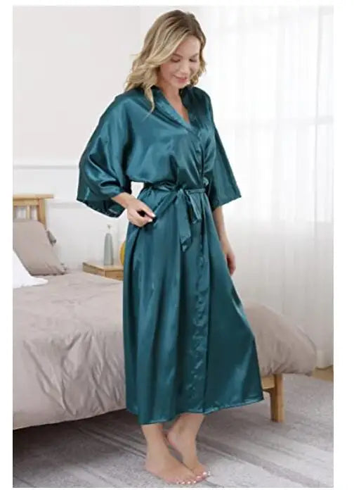 Plus Size Rayon Bathrobe Women’s Kimono Satin Long Robe Sexy Lingerie Classic Nightgown Sleepwear with Belt - Urban Heaven Co