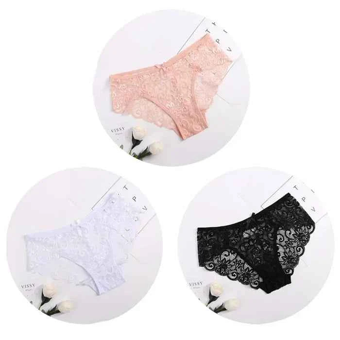 3PCS Lace Panties Set for Women - Sexy Transparent Floral Underwear with Bow and Hollow Out Design, Available in S, M, L, XL - Urban Heaven Co