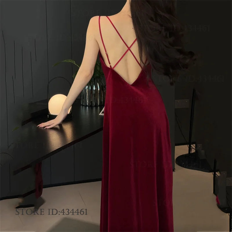 Burgundy Velvet Bride Wedding Long Robe Nightgown Set Negligee Elegant Lace Backless Nightdress Bathrobe Homewear Sexy Lingerie - Urban Heaven Co