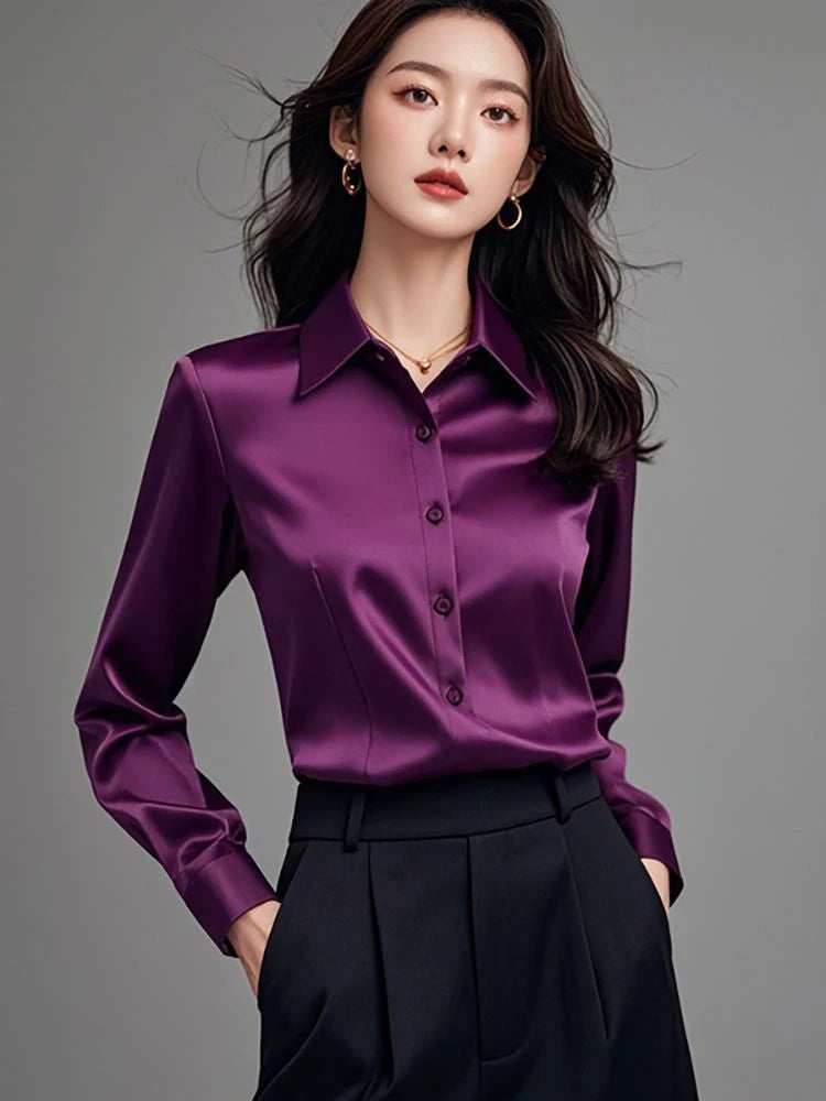 Elegant Silk Office Shirts Women Korean Fashion Y2k Clothes Slim Long Sleeve White Black Blusas Mujer Workwear Tops and Blouses - Urban Heaven Co