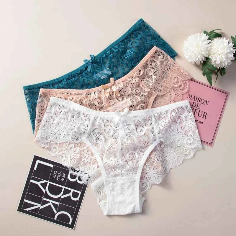 3PCS Lace Panties Set for Women - Sexy Transparent Floral Underwear with Bow and Hollow Out Design, Available in S, M, L, XL - Urban Heaven Co