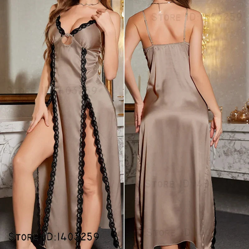 Sexy Split Suspender Nightgown Chemise Sleepwear Summer New Silky Satin Nightdress Intimate Lingerie Female Home Wear Loungewear - Urban Heaven Co