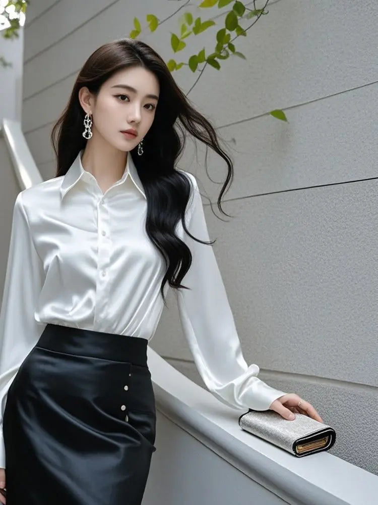 Elegant Silk Office Shirts Women Korean Fashion Y2k Clothes Slim Long Sleeve White Black Blusas Mujer Workwear Tops and Blouses - Urban Heaven Co