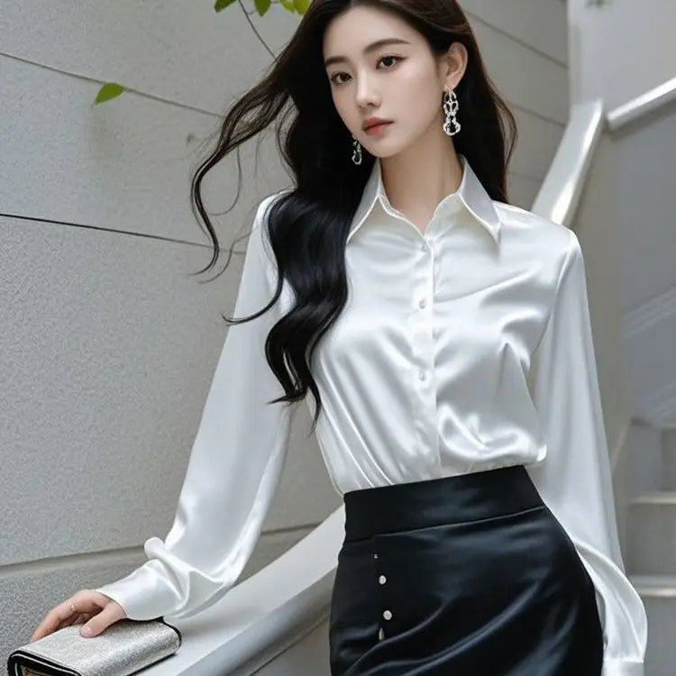 Elegant Silk Office Shirts Women Korean Fashion Y2k Clothes Slim Long Sleeve White Black Blusas Mujer Workwear Tops and Blouses - Urban Heaven Co