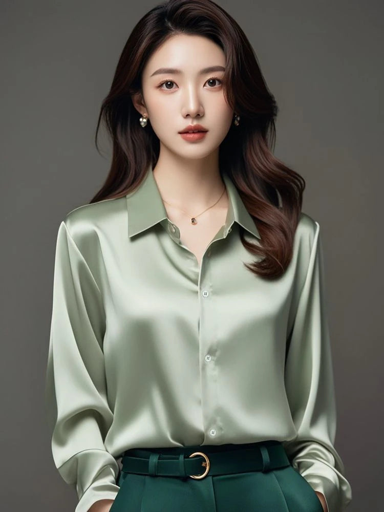 Elegant Silk Office Shirts Women Korean Fashion Y2k Clothes Slim Long Sleeve White Black Blusas Mujer Workwear Tops and Blouses - Urban Heaven Co