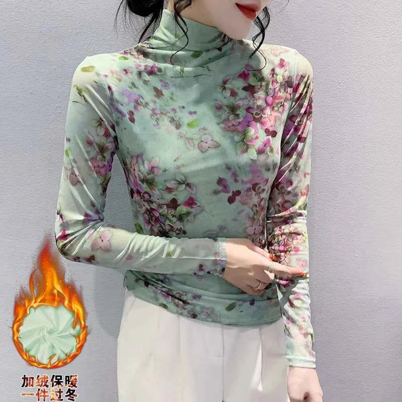 T Shirt Women Turtleneck Full Sleeve Printed Flowers Base Tees Female Sweet T-shirts - Urban Heaven Co