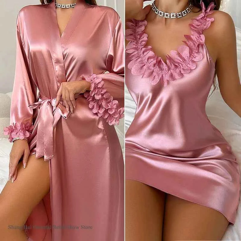 Sexy Female Twinset Robe Set Nightgown Silk Satin Female Sleepwear - Urban Heaven Co