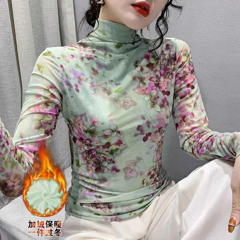 T Shirt Women Turtleneck Full Sleeve Printed Flowers Base Tees Female Sweet T-shirts - Urban Heaven Co