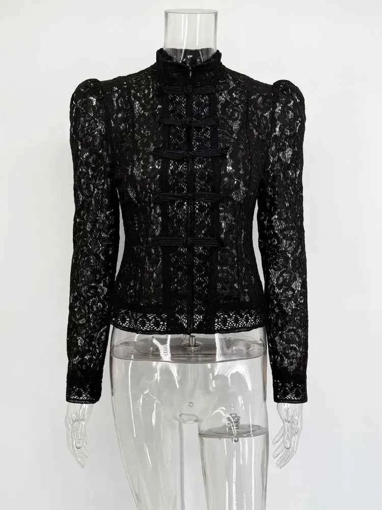 Tossy Summer Lace Printed Shirts Tops Female Hollow Out Fashion Commute Vintage See-Through Blouse. - Urban Heaven Co