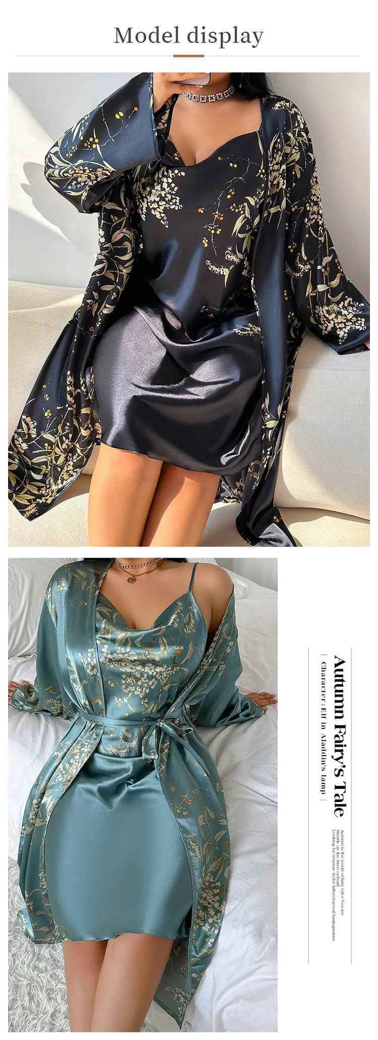2PCS Robe Set Nightgown Print Flower Kimono Bathrobe Gown Plus Size Silk Satin Sleepwear - Urban Heaven Co