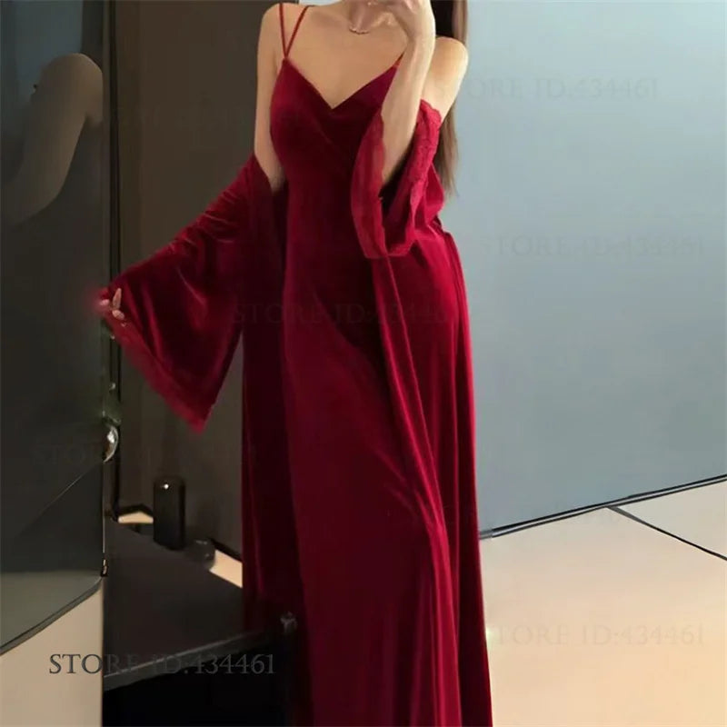 Burgundy Velvet Bride Wedding Long Robe Nightgown Set Negligee Elegant Lace Backless Nightdress Bathrobe Homewear Sexy Lingerie - Urban Heaven Co
