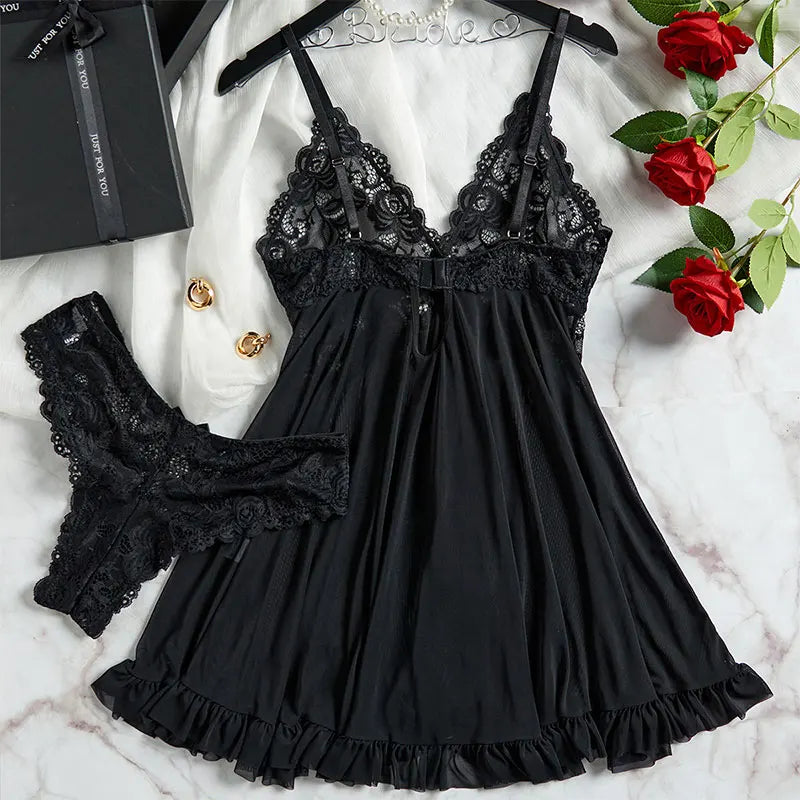 Suspender Suit Summer Ultra-thin Sexy Lace Nightgown Thong Set Women&