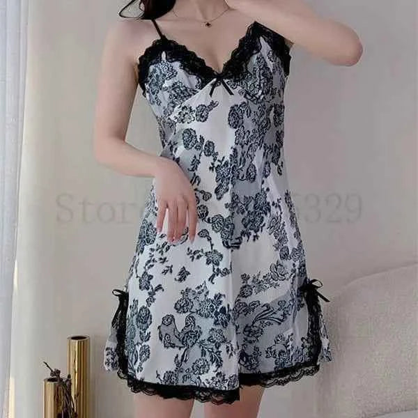 Print Flower Chemise Sleepwear Nightgown Short Summer Sexy Spaghetti Sling Homewear Satin Lace Patchwork Female Nightdress - Urban Heaven Co