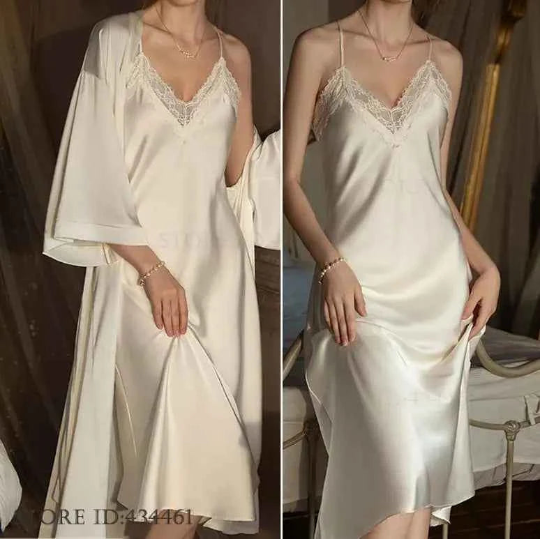 Plus Size Long 2PCS Robe Nightgown Set Pajama Elegant Kimono Bathrobe Gown Sleepwear Summer Sexy Women&