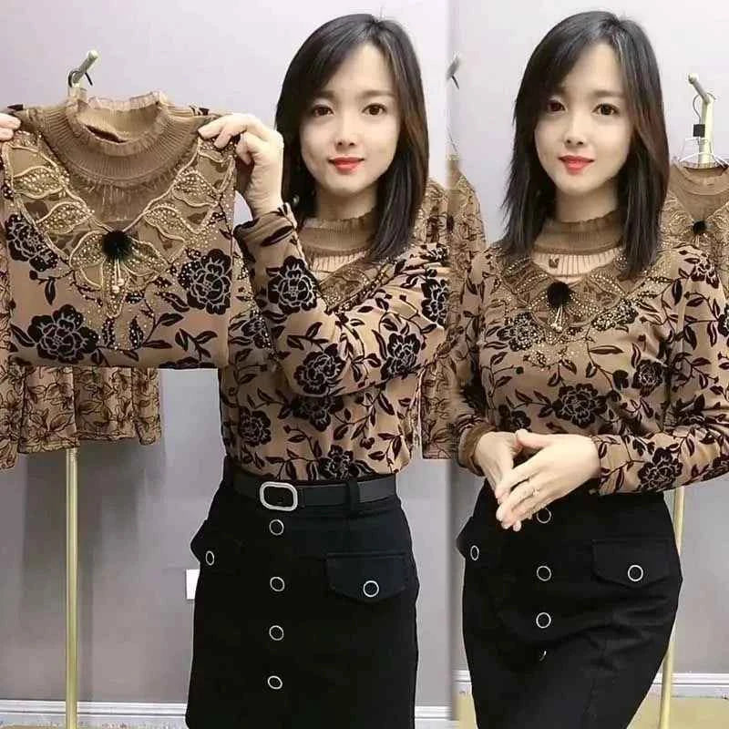 Add Velvet Lace Bottoming Shirt Blouse Women&