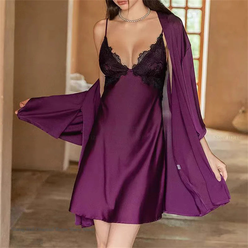 Sexy Femlae Long Robe Nightgown 2PCS Set Spring Summer New Silk Satin Sleepwear Nightdress Lingerie Patchwork Lace Homewear - Urban Heaven Co