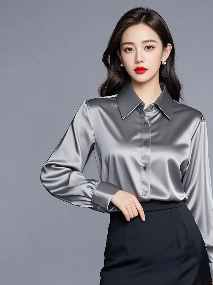 Elegant Silk Office Shirts Women Korean Fashion Y2k Clothes Slim Long Sleeve White Black Blusas Mujer Workwear Tops and Blouses - Urban Heaven Co