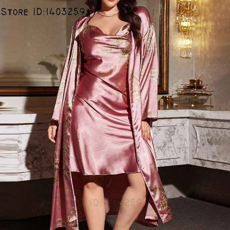 2PCS Robe Set Nightgown Print Flower Kimono Bathrobe Gown Plus Size Silk Satin Sleepwear - Urban Heaven Co