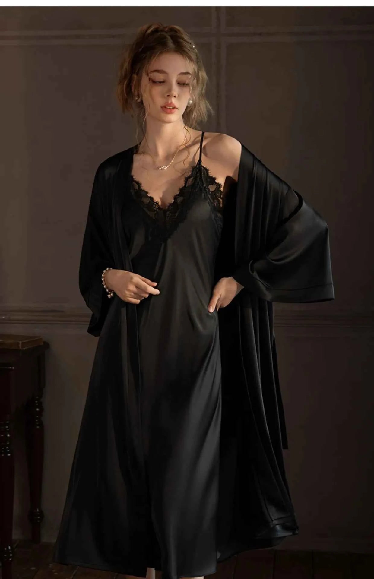 Plus Size Long 2PCS Robe Nightgown Set Pajama Elegant Kimono Bathrobe Gown Sleepwear Summer Sexy Women&