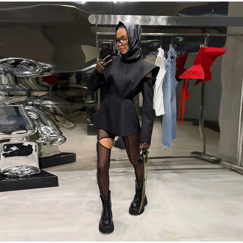 Avant-Garde Women Blazer Solid Jacket with Cutout Shoulders V-neck Full Sleeve for Spring Autumn Fashion Events and Street Style - Urban Heaven Co