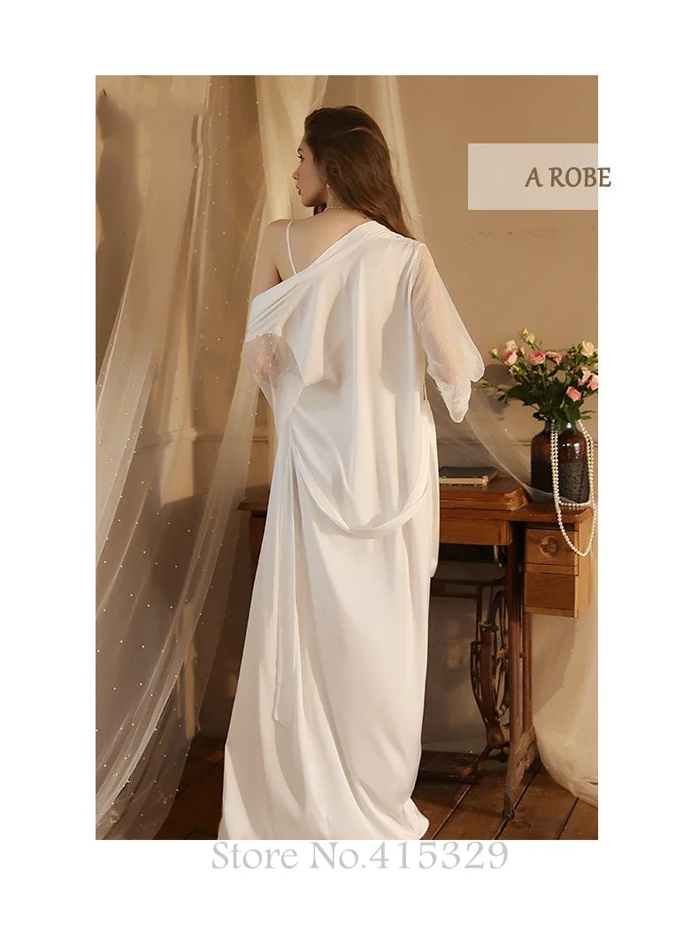 Wedding Bride Robe Set Women Bridal Lace Nightgown Long Kimono Bath Gown Intimate Lingerie - Urban Heaven Co