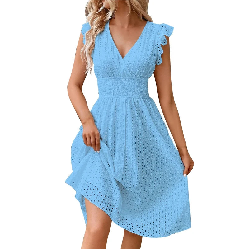 Summer Women V-Neck Beach Dress Flare Sleeve Solid Color Hollow Lace Waist Dress. - Urban Heaven Co