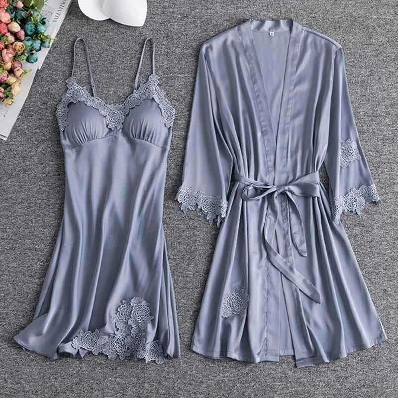 Sexy Lace Trim Nightgown Kimono Bathrobe Gown Loose Silk Satin Home Wear Loungewear Sleepwear Summer New Female Twinset Robe Set - Urban Heaven Co