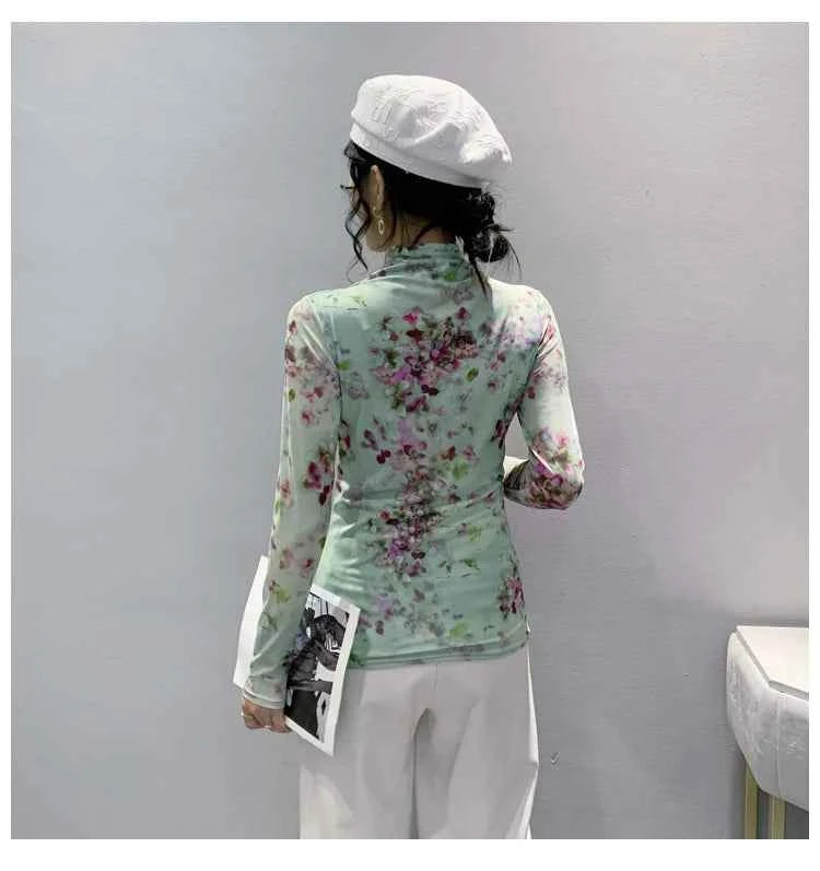 T Shirt Women Turtleneck Full Sleeve Printed Flowers Base Tees Female Sweet T-shirts - Urban Heaven Co