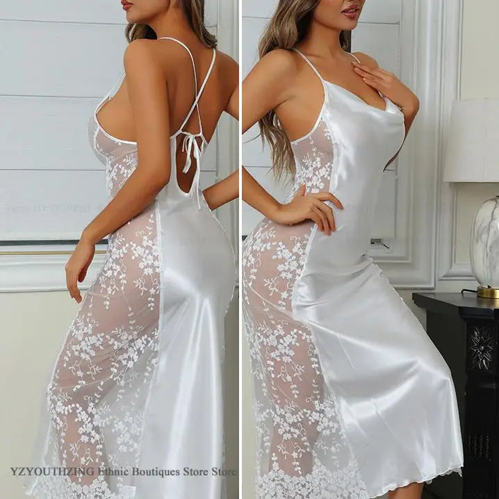 Sexy Hollow Out Nightgown Chemise Sleepwear Patchwork Lace Lingerie Women&