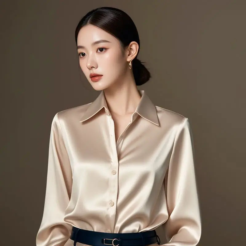 Elegant Silk Office Shirts Women Korean Fashion Y2k Clothes Slim Long Sleeve White Black Blusas Mujer Workwear Tops and Blouses - Urban Heaven Co