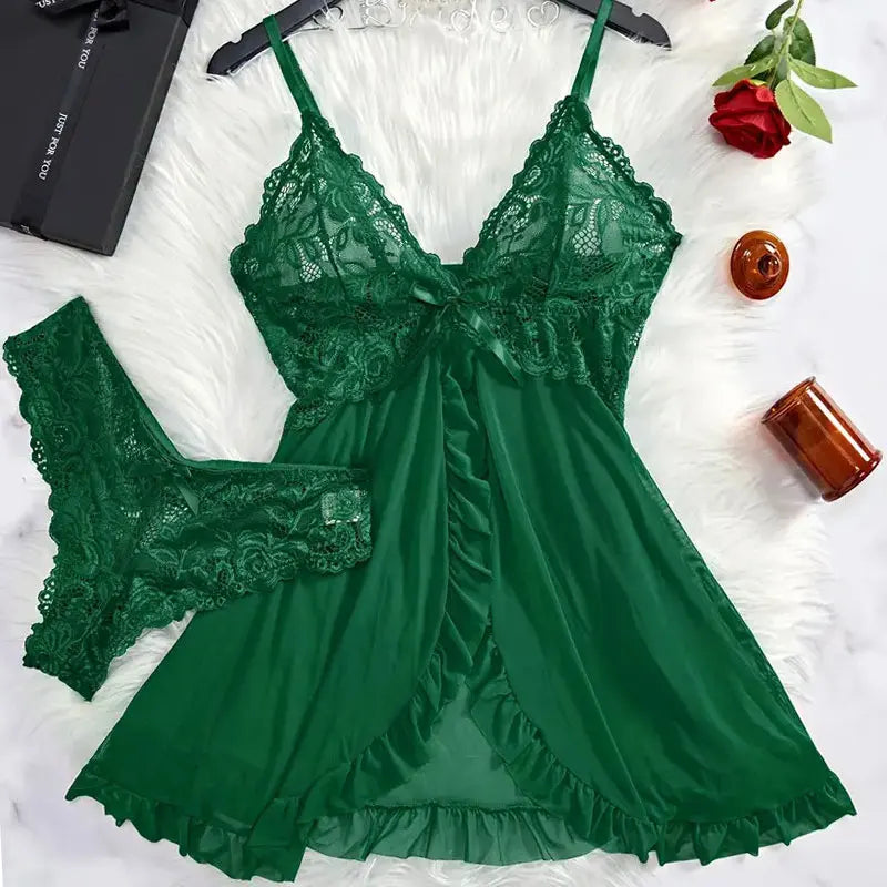 Suspender Suit Summer Ultra-thin Sexy Lace Nightgown Thong Set Women&
