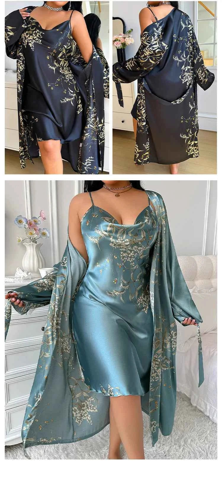 2PCS Robe Set Nightgown Print Flower Kimono Bathrobe Gown Plus Size Silk Satin Sleepwear - Urban Heaven Co