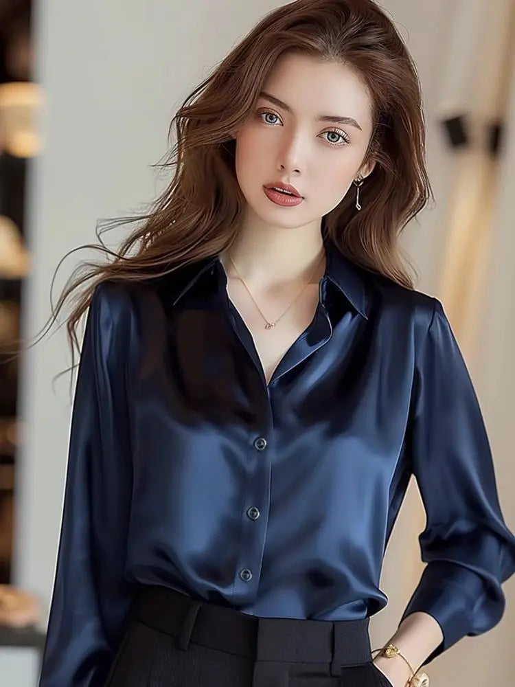 Elegant Silk Office Shirts Women Korean Fashion Y2k Clothes Slim Long Sleeve White Black Blusas Mujer Workwear Tops and Blouses - Urban Heaven Co