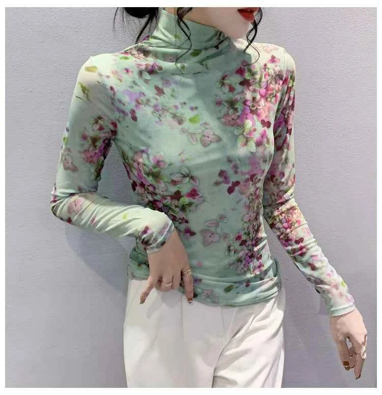 T Shirt Women Turtleneck Full Sleeve Printed Flowers Base Tees Female Sweet T-shirts - Urban Heaven Co