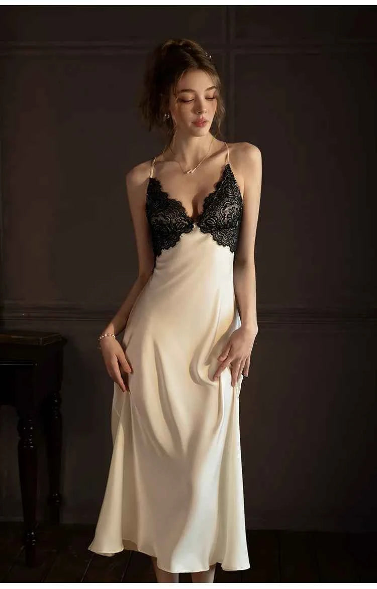 Sexy Femlae Long Robe Nightgown 2PCS Set Spring Summer New Silk Satin Sleepwear Nightdress Lingerie Patchwork Lace Homewear - Urban Heaven Co