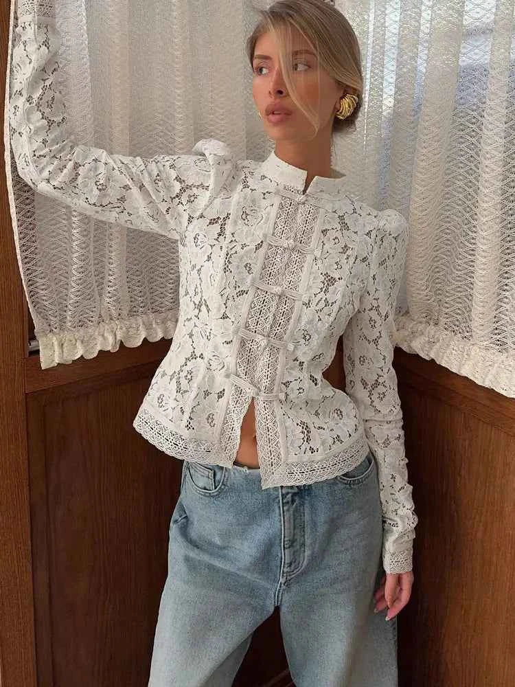 Tossy Summer Lace Printed Shirts Tops Female Hollow Out Fashion Commute Vintage See-Through Blouse. - Urban Heaven Co