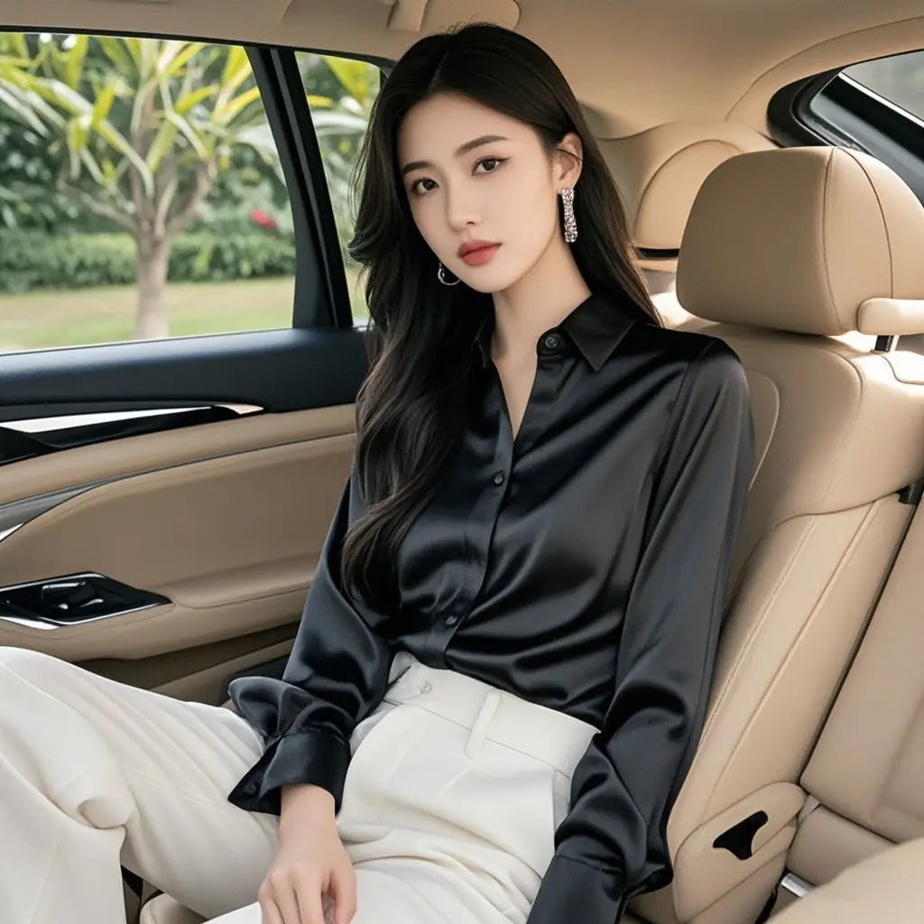 Elegant Silk Office Shirts Women Korean Fashion Y2k Clothes Slim Long Sleeve White Black Blusas Mujer Workwear Tops and Blouses - Urban Heaven Co