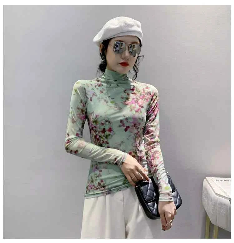 T Shirt Women Turtleneck Full Sleeve Printed Flowers Base Tees Female Sweet T-shirts - Urban Heaven Co