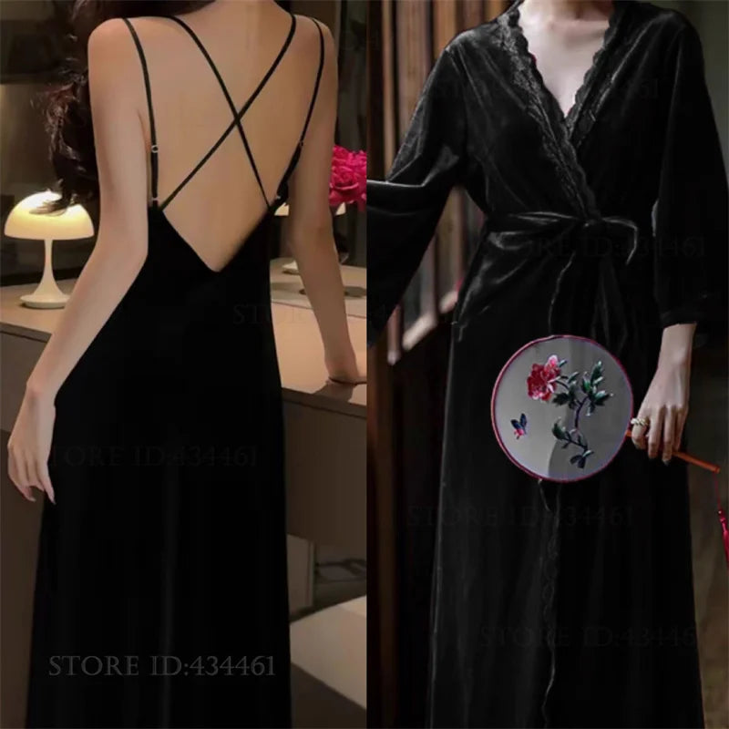 Burgundy Velvet Bride Wedding Long Robe Nightgown Set Negligee Elegant Lace Backless Nightdress Bathrobe Homewear Sexy Lingerie - Urban Heaven Co