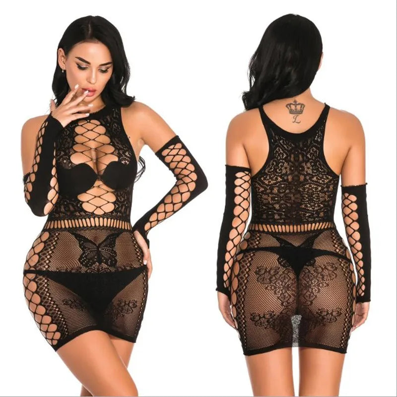 Sexy Women Fishnet Halter Backless Dress Low Cut Tight Pencil Cute Dress Plus Size Mini Dress. - Urban Heaven Co