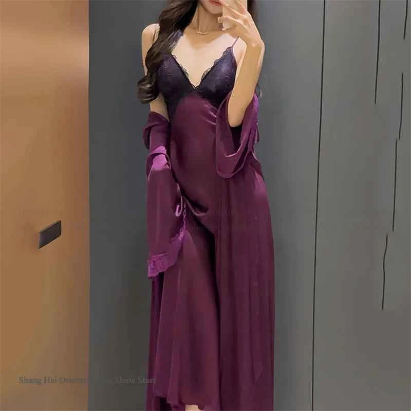 Sexy Femlae Long Robe Nightgown 2PCS Set Spring Summer New Silk Satin Sleepwear Nightdress Lingerie Patchwork Lace Homewear - Urban Heaven Co