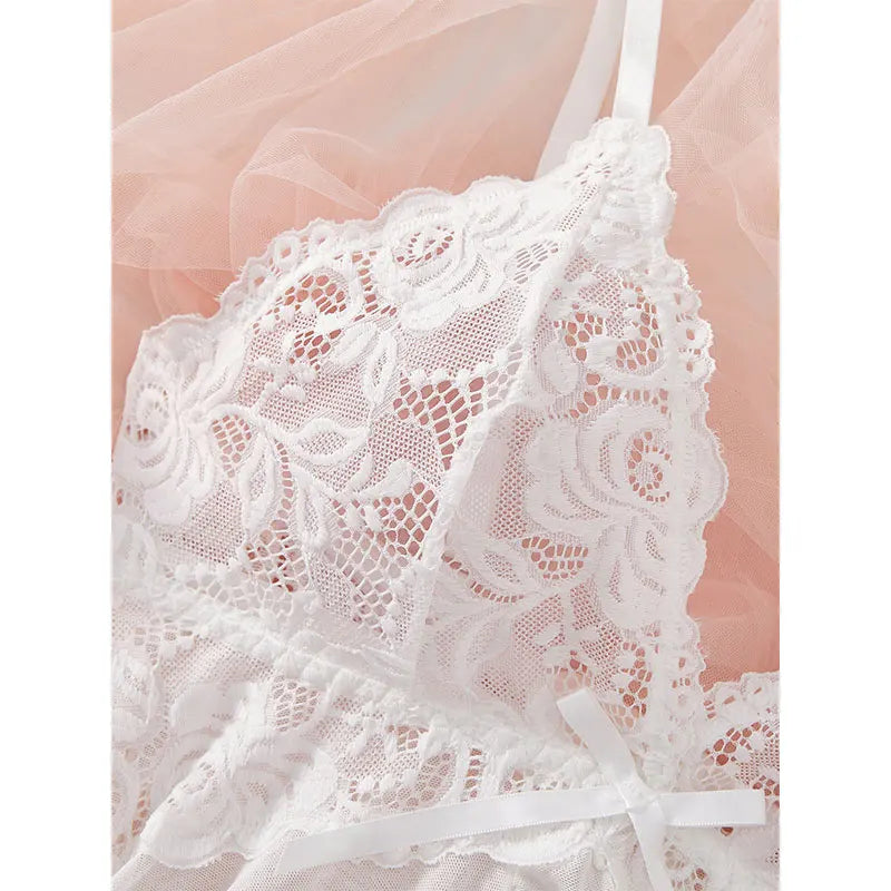 Suspender Suit Summer Ultra-thin Sexy Lace Nightgown Thong Set Women&