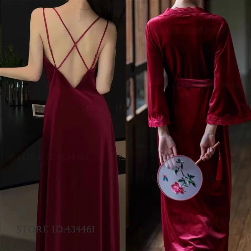 Burgundy Velvet Bride Wedding Long Robe Nightgown Set Negligee Elegant Lace Backless Nightdress Bathrobe Homewear Sexy Lingerie - Urban Heaven Co