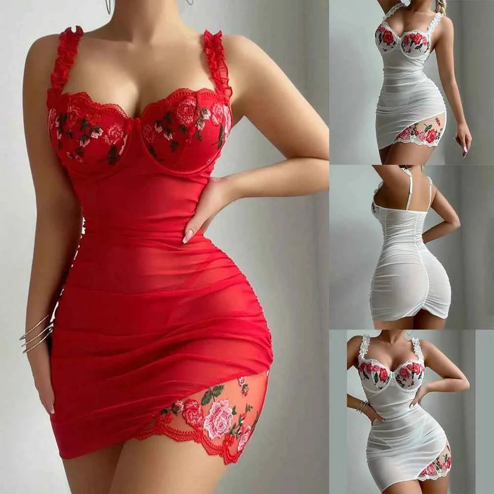 Women Lace Nightdress with Flower Splicing and Embroidered Chest Support Sleeping Nightgown - Urban Heaven Co