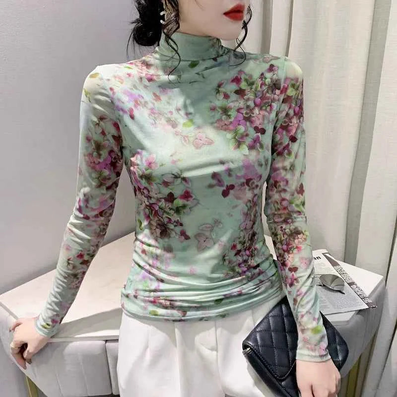 T Shirt Women Turtleneck Full Sleeve Printed Flowers Base Tees Female Sweet T-shirts - Urban Heaven Co