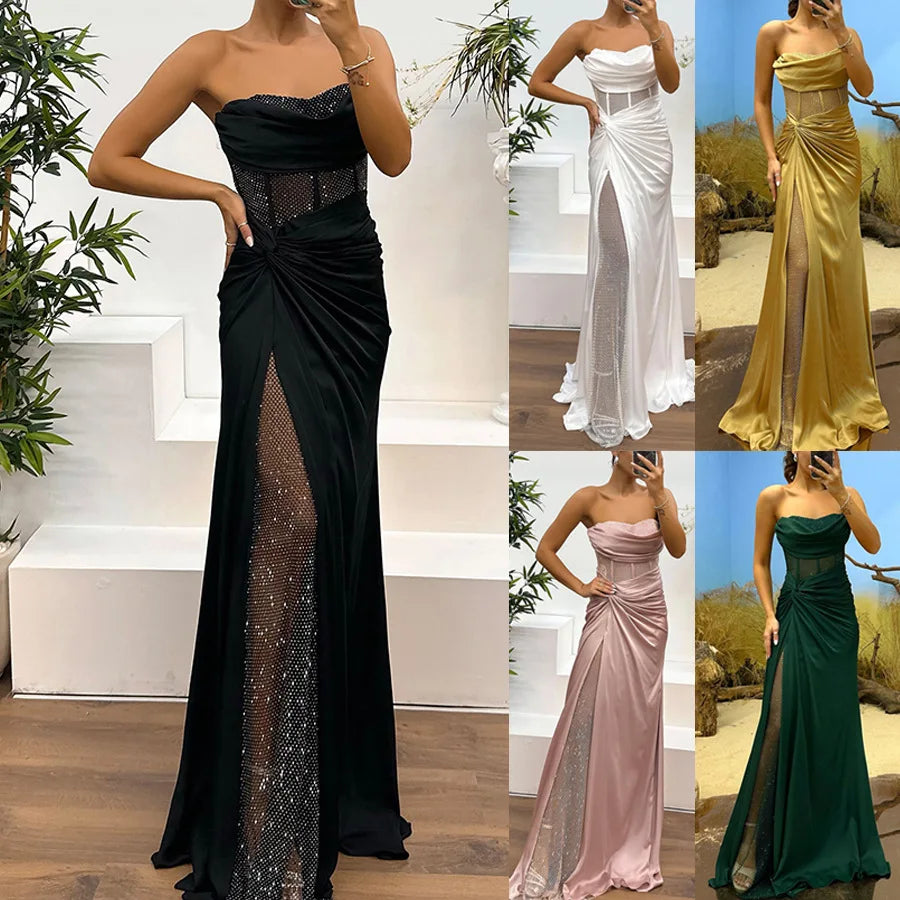 Elegant Strapless Sequin Party Dress for Women - Spring Summer High Slit Fashion Dress - Urban Heaven Co