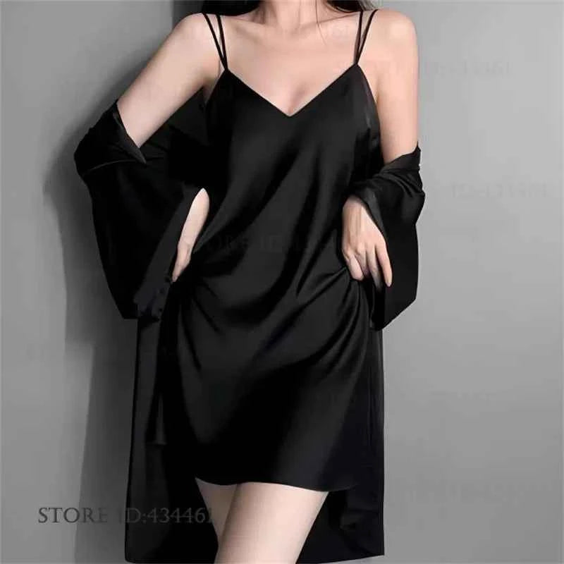 Sexy Lingerie Female Twinset Robe Set Nightgown Spring Summer New Backless Nightdress Sleepwear Loose Ice Silk Homewear Pajama - Urban Heaven Co