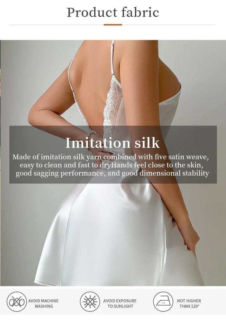 Sexy Female Lingerie Nightgown Patchwork Lace Backless Spaghetti Strap Nightdress Sleepwear Silky Satin Lounge Wear Home Dress - Urban Heaven Co