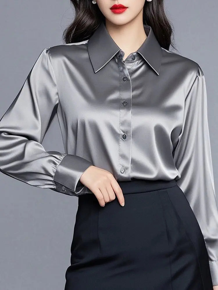 Elegant Silk Office Shirts Women Korean Fashion Y2k Clothes Slim Long Sleeve White Black Blusas Mujer Workwear Tops and Blouses - Urban Heaven Co